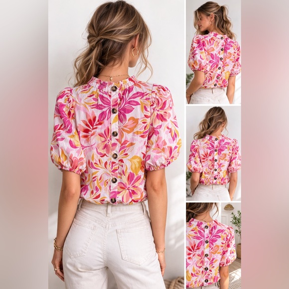THML Floral Puff Sleeve Blouse Medium Pink Orange Tropical Ruffle Neck - Picture 2 of 16